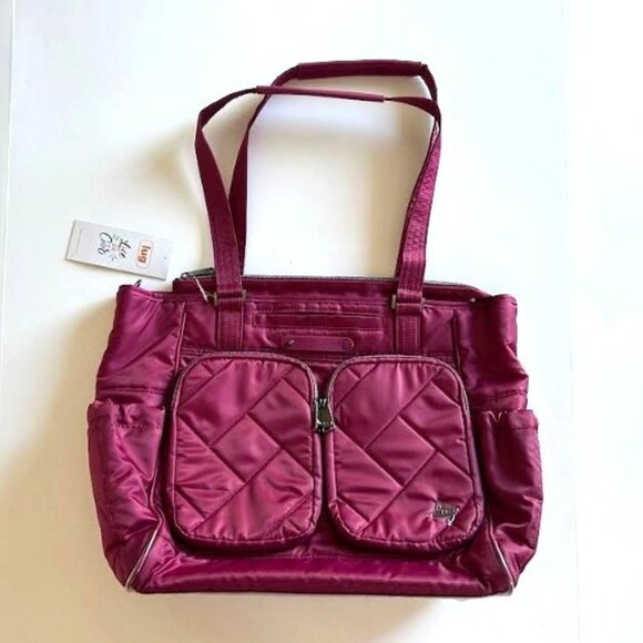 Lug Trotter Tote Bag Raspberry Red/Wine with Evermore Flora Green Interior - Picture 7 of 13